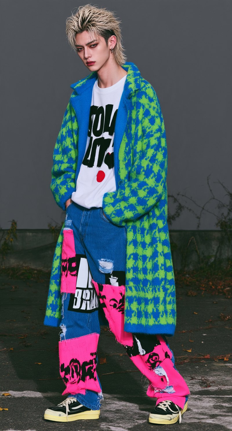 VESPER in a blue and lime houndstooth long coat and jeans with pink patches