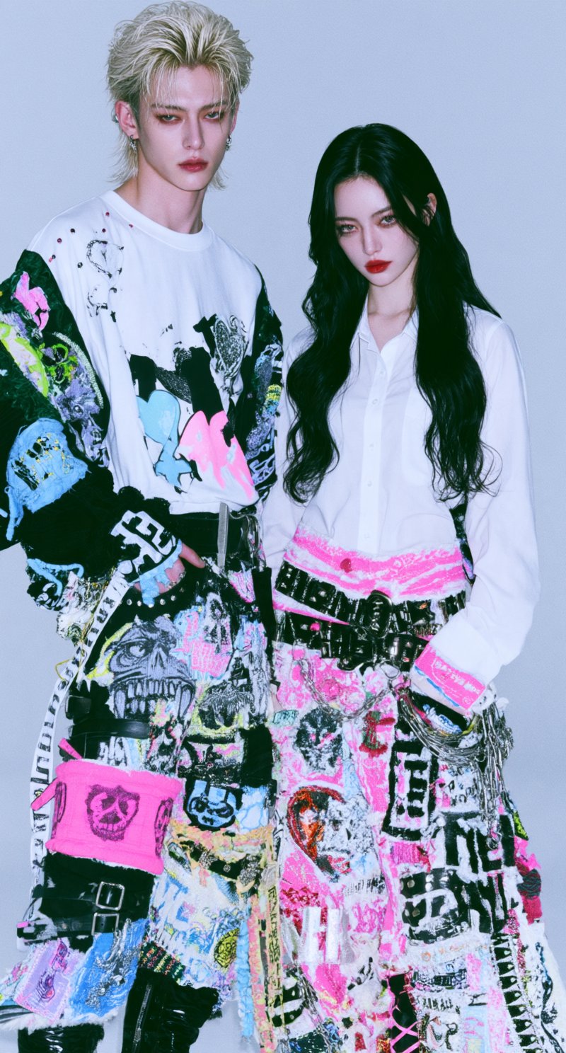 VESPER in graffiti-print clothes with his older sister KYRIE in a white shirt